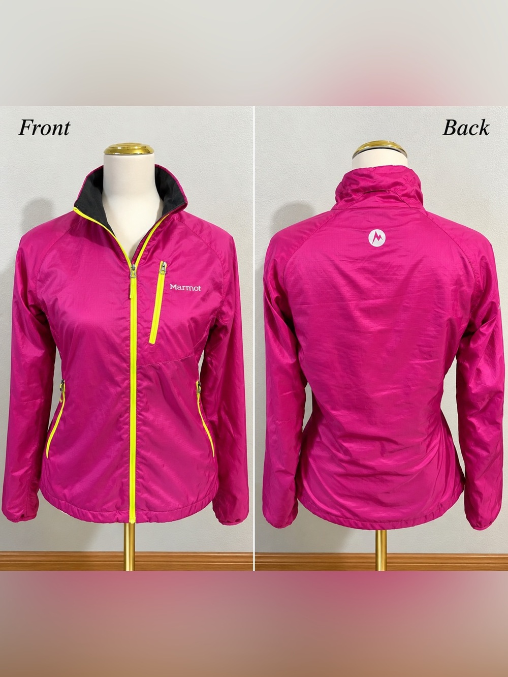 Marmot Magenta Pink Full Zip Windbreaker Jacket Neon Yellow Athletic Outdoor